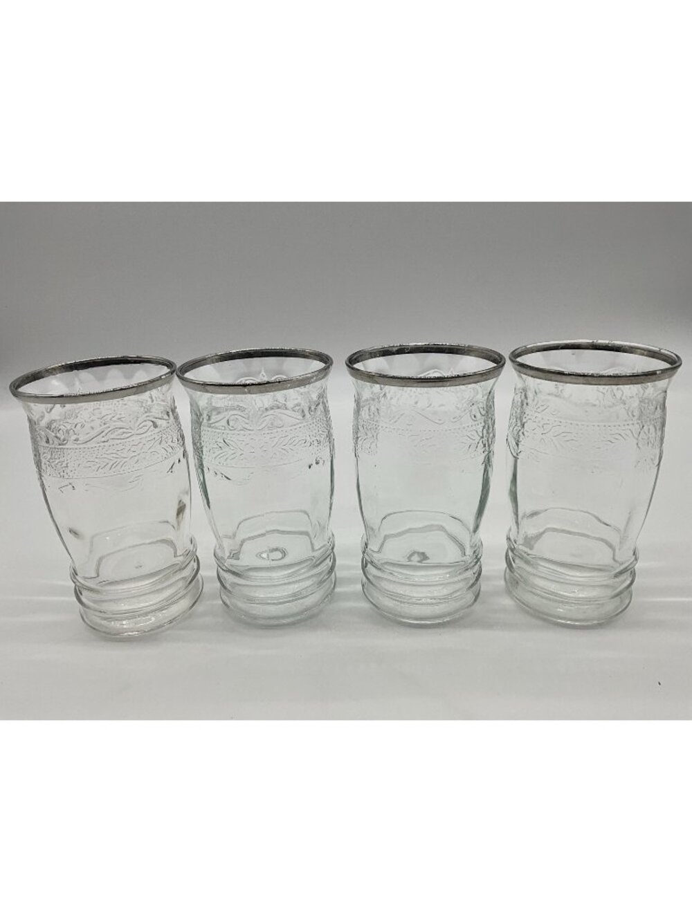 MacBeth -Evans Strippled Rose Band Clear Depression Glass Tumbler w/silver Rim